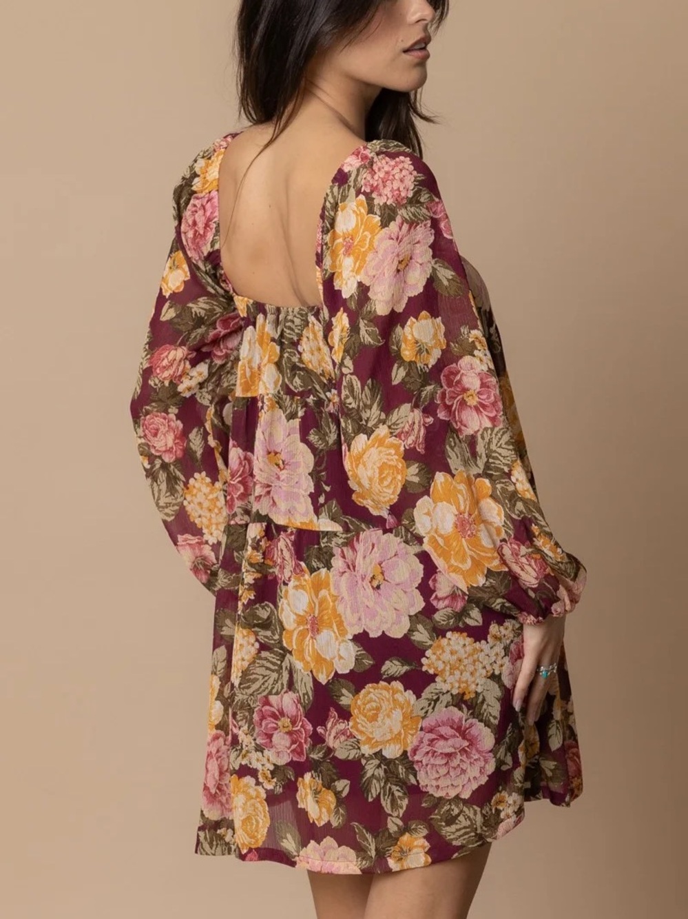 En Creme Boho Burgundy Floral Long-Sleeve Mini Dress